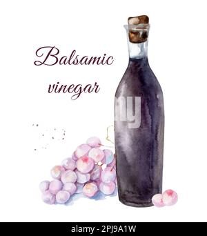 Glas mit Rotweinessig. Aquarell handgezeichnete Illustration, isoliert auf weißem Hintergrund Stockfoto