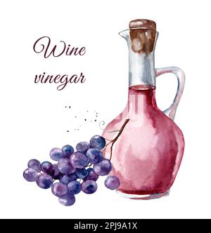 Glas mit Rotweinessig. Aquarell handgezeichnete Illustration, isoliert auf weißem Hintergrund Stockfoto