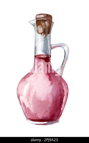 Glas mit Rotweinessig. Aquarell handgezeichnete Illustration, isoliert auf weißem Hintergrund Stockfoto