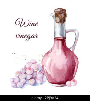 Glas mit Rotweinessig. Aquarell handgezeichnete Illustration, isoliert auf weißem Hintergrund Stockfoto
