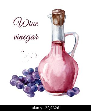 Glas mit Rotweinessig. Aquarell handgezeichnete Illustration, isoliert auf weißem Hintergrund Stockfoto