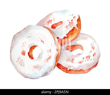 Aquarelle Donuts mit weißer Glasur. Süßigkeiten, Gebäck, frisches Essen. Stockfoto