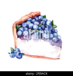 Heidelbeere. Käsekuchen mit Beeren. Aquarelle botanische Illustrationen. Handgemalte Aquarelle Blaubeere auf weißem Hintergrund. Stockfoto