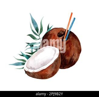 Kokosmilchshake mit Kokosnuss. Handgezeichnete Aquarell-Darstellung isoliert auf weißem Hintergrund. Stockfoto