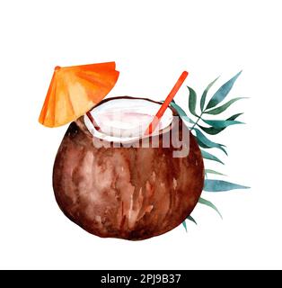Kokosmilchshake mit Kokosnuss. Handgezeichnete Aquarell-Darstellung isoliert auf weißem Hintergrund. Stockfoto
