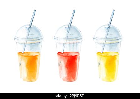 Glasgläser mit frisch gepresstem Saft aus Orangen, Zitronen, Tomaten. Satz handgezeichneter Aquarellabbildungen Stockfoto