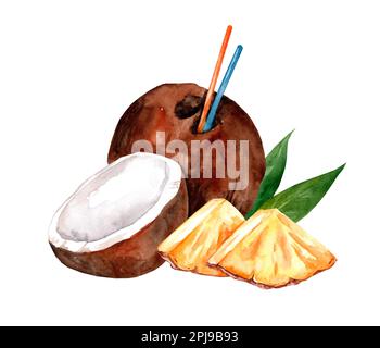 Pina-Colada-Cocktail. Handgezeichnete Aquarell-Darstellung, isoliert auf weißem Hintergrund Stockfoto