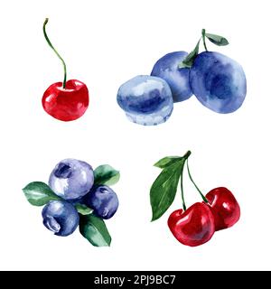 Ein Satz Aquarelle mit Beeren. Blaubeeren, Pflaumen, Kirschen auf weißem Hintergrund. Gesundes Essen. Vegetarismus. Stockfoto
