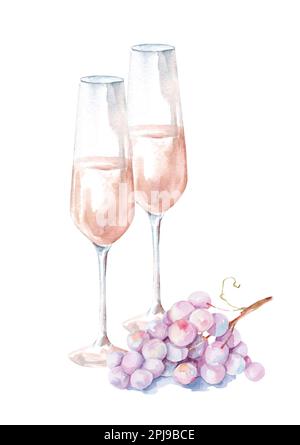 Zwei Gläser Champagner und frische rosa Trauben. Handgezeichnete Aquarell-Darstellung isoliert auf weißem Hintergrund. Stockfoto