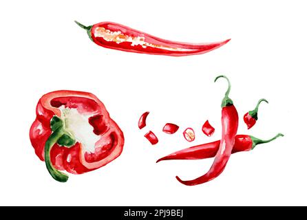 Aquarellzeichnung von Paprika und Chili auf weißem Hintergrund Stockfoto