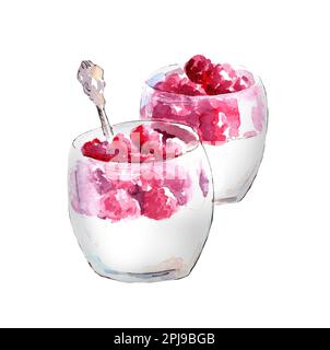 Aquarelle Darstellung von cremigem Mousse mit Himbeeren in Glasgläsern. Süßigkeiten für eine gesunde Ernährung. Stockfoto