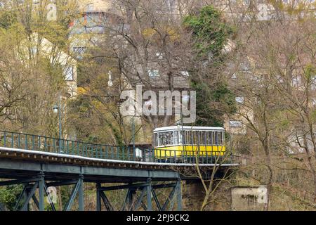 Dresden, Deutschland. 01. April 2023. Nach der Frühjahrsüberholung ist die Dresdner Standseilbahn wieder in den normalen öffentlichen Verkehr zwischen dem Körnerplatz und dem Weißen Hirsch zurückgekehrt. Diese mobilen Denkmäler sind ein einzigartiger Schatz der Dresdner Verkehrsbetriebe AG und bekannt für ihre Fans. Kredit: Daniel Schäfer/dpa/Alamy Live News Stockfoto