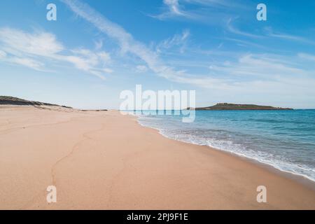 Machen Sie einen Spaziergang entlang des Atlantischen Ozeans am Strand Praia da Ilha do Pessegueiro in der Nähe von Porto Covo, westliches Portugal. Treppen über Rota Vicentina. Stockfoto