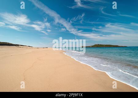Machen Sie einen Spaziergang entlang des Atlantischen Ozeans am Strand Praia da Ilha do Pessegueiro in der Nähe von Porto Covo, westliches Portugal. Treppen über Rota Vicentina. Stockfoto