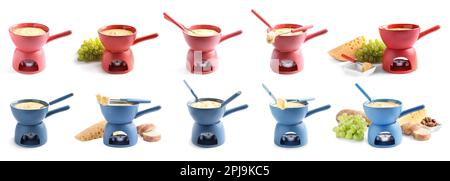 Set mit Fondue-Töpfen mit Käse auf weißem Hintergrund. Bannerdesign Stockfoto