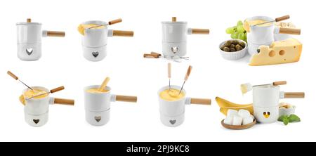 Set mit Fondue-Töpfen mit Käse auf weißem Hintergrund. Bannerdesign Stockfoto