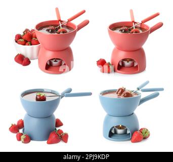 Set mit Fondue-Töpfen mit Schokolade und Erdbeeren auf weißem Hintergrund Stockfoto