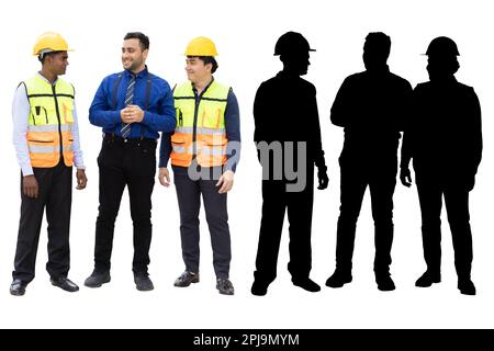 Gruppe von Ingenieuren männliche südostasiatische indische Mischethnizität, die sich miteinander unterhalten, glücklich isoliert auf weißem Hintergrund mit Schatten-Alpha-Kanal Stockfoto