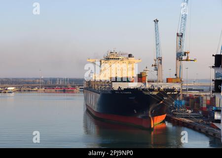 Livorno, Italien - 08 20 2023: Containerterminal mit verstauten Containern verschiedener Verlader-Portalkräne und Trägerschiffe in Livorno. In hori Stockfoto