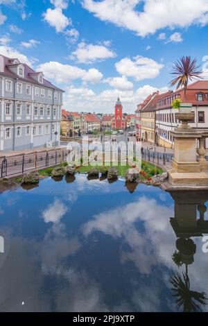 Gotha: Blick vom Schlossberg über den Wasserkunst am Hauptmarkt, Altes Rathaus in Thüringen, Thüringen, Deutschland Stockfoto