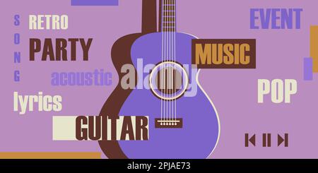 Akustikgitarre und daneben befinden sich viele verschiedene Inschriften zu einem musikalischen Thema. Hintergrund des Retro-Musikkonzepts Stock Vektor