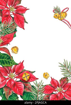 Design einer Silvester- oder Weihnachtskarte. Mit einer Aquarelldarstellung von Poinsettia, Glocken und Tannenzweigen. Mit einem Platz für die Inschrift. Anzug Stockfoto