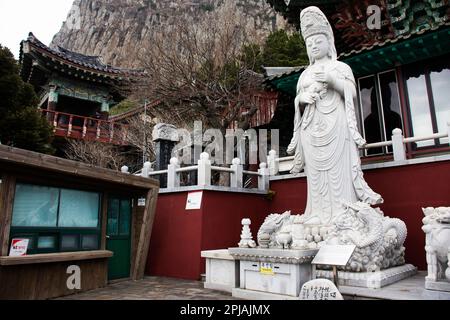 Quan Yin oder Kuan Yin chinesische Göttin Statue für koreaner Reisende besuchen Respekt beten Segen Wunsch Heilige Gottheit Mystik in Sanbangsa Te Stockfoto