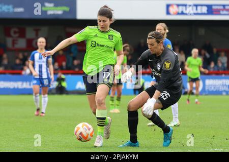 Crawley, Großbritannien. 01. April 2023. Broadfield Stadium, Crawley, Großbritannien, 01. April 2023 Torhüterin Lydia Williams (25, Brighton & Hove Albion) fordert Lucia Garcia (17 Manchester United) während eines WSL-Spiels am 01. April 2023 zwischen Brighton & Hove Albion und Manchester United im Broadfield Stadium, Crawley, Großbritannien (Bettina Weissensteiner/SPP) Guthaben: SPP Sport Press Photo (SPP Sport Presse Foto). Alamy Live News Stockfoto