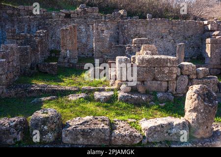 Alte Mauern alter Gebäude Morgantina Altstadt archäologische Stätte, Sizilien. Italien Stockfoto