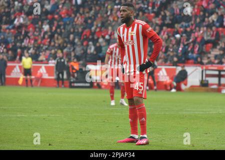 Berlin, Deutschland. 01. April 2023. Berlin, Deutschland. April 1. 2023: Jordan Siebatcheu (45) vom 1.FC Union Berlin während des Spiels Bundesliga - 1. FC Union Berlin gegen VfB Stuttgart - an der Alten Foersterei. Berlin, Deutschland. (Ryan Sleiman /SPP) Guthaben: SPP Sport Press Photo. Alamy Live News Stockfoto