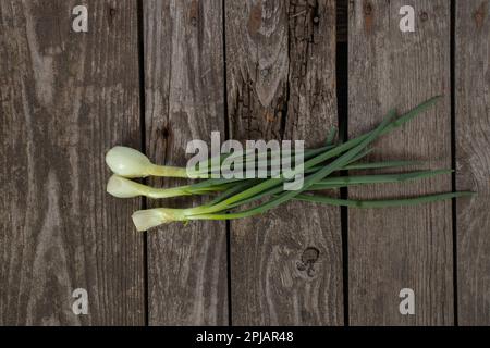 Grüne Zwiebeln liegen auf einem Holzhintergrund in der Küche Stockfoto