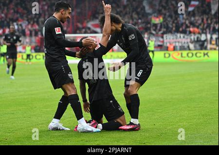 Berlin, Deutschland. 01. April 2023. Berlin, Deutschland. April 1. 2023: Juan Perea (11) von VfB Stuttgart feiert im Bundesliga-Spiel 1 zu früh ein Tor. FC Union Berlin gegen VfB Stuttgart - an der Alten Foersterei. Berlin, Deutschland. (Ryan Sleiman /SPP) Guthaben: SPP Sport Press Photo. Alamy Live News Stockfoto