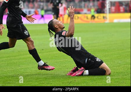 Berlin, Deutschland. 01. April 2023. Berlin, Deutschland. April 1. 2023: Juan Perea (11) von VfB Stuttgart feiert im Bundesliga-Spiel 1 zu früh ein Tor. FC Union Berlin gegen VfB Stuttgart - an der Alten Foersterei. Berlin, Deutschland. (Ryan Sleiman /SPP) Guthaben: SPP Sport Press Photo. Alamy Live News Stockfoto