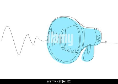 Einfaches einzeiliges Megafon mit blauer Silhouette auf weißem Hintergrund. Stock Vektor