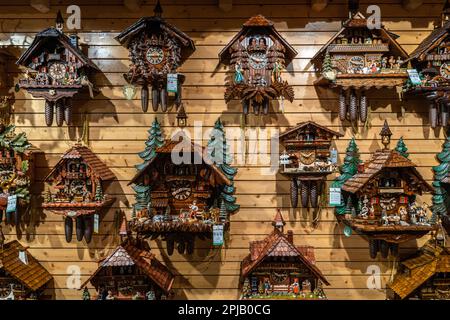 Typische Kuckucksuhren, handgefertigt im Schwarzwaldviertel, in einem Geschäft gezeigt. Triberg im Schwarzwald, Deutschland, August 2022 Stockfoto