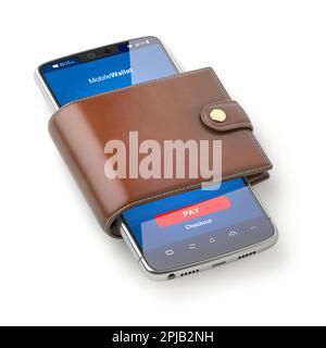 Konzept der mobilen Geldbörse. Smartphone für Bezahlung in Ledertasche. 3D Abbildung Stockfoto