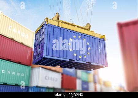 Frachtcontainer unter EU-Flagge in einem Hafen. Produktion, Lieferung, Versand und Frachttransport von EU-Produkten (Concept) Stockfoto