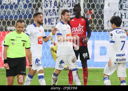Seraing, Belgien. 01. April 2023. Gent's Hugo Cuypers feiert nach einem Tor während eines Fußballspiels zwischen RFC Seraing und KAA Gent, Samstag, den 01. April 2023 in Seraing, am 31. Tag der ersten Division der belgischen Meisterschaft „Jupiler Pro League“ von 2022-2023. BELGA FOTO BRUNO FAHY Kredit: Belga News Agency/Alamy Live News Stockfoto
