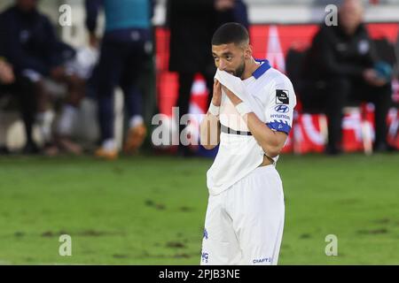 Seraing, Belgien. 01. April 2023. Gents Tarik Tissoudali wurde während eines Fußballspiels zwischen RFC Seraing und KAA Gent am Samstag, den 01. April 2023 in Seraing, am 31. Tag der ersten Division der belgischen Meisterschaft „Jupiler Pro League“ 2022-2023, gezeigt. BELGA FOTO BRUNO FAHY Kredit: Belga News Agency/Alamy Live News Stockfoto
