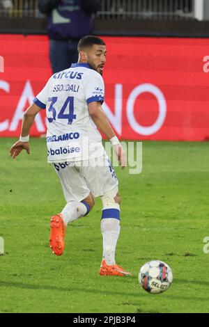 Seraing, Belgien. 01. April 2023. Gents Tarik Tissoudali wurde in Aktion während eines Fußballspiels zwischen RFC Seraing und KAA Gent am Samstag, den 01. April 2023 in Seraing, am 31. Tag der ersten Division der belgischen Meisterschaft „Jupiler Pro League“ 2022-2023, gezeigt. BELGA FOTO BRUNO FAHY Kredit: Belga News Agency/Alamy Live News Stockfoto