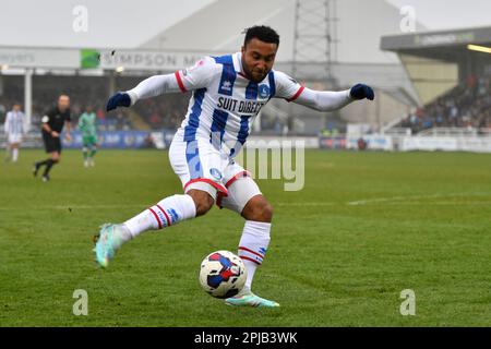 Hartlepool United's Wes McDonald während des Spiels der Sky Bet League 2 zwischen Hartlepool United und Swindon Town im Victoria Park, Hartlepool, am Samstag, den 1. April 2023. (Foto: Scott Llewellyn | MI News) Guthaben: MI News & Sport /Alamy Live News Stockfoto