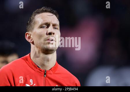 Nijmegen, Niederlande. 01. April 2023. NIJMEGEN, NIEDERLANDE - APRIL 1: Luuk de Jong von PSV während des niederländischen Eredivisie-Spiels zwischen NEC Nijmegen und PSV im Stadion de Goffert am 1. April 2023 in Nijmegen, Niederlande (Foto von Broer van den Boom/Orange Pictures). Kredit: Orange Pics BV/Alamy Live News Stockfoto