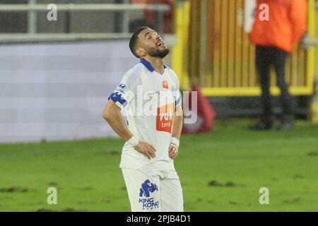 Seraing, Belgien. 01. April 2023. Gents Tarik Tissoudali reagiert während eines Fußballspiels zwischen RFC Seraing und KAA Gent am Samstag, den 01. April 2023 in Seraing, am 31. Tag der ersten Division der belgischen Meisterschaft „Jupiler Pro League“ von 2022-2023. BELGA FOTO BRUNO FAHY Kredit: Belga News Agency/Alamy Live News Stockfoto