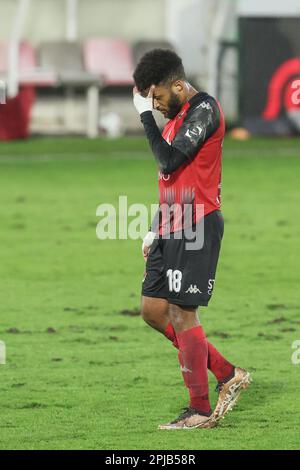 Seraing, Belgien. 01. April 2023. Paul Morgan Poaty von Seraing wirkt deprimiert nach einem Fußballspiel zwischen RFC Seraing und KAA Gent, Samstag, den 01. April 2023 in Seraing, am 31. Tag der ersten Liga der „Jupiler Pro League“ 2022-2023 der belgischen Meisterschaft. BELGA FOTO BRUNO FAHY Kredit: Belga News Agency/Alamy Live News Stockfoto