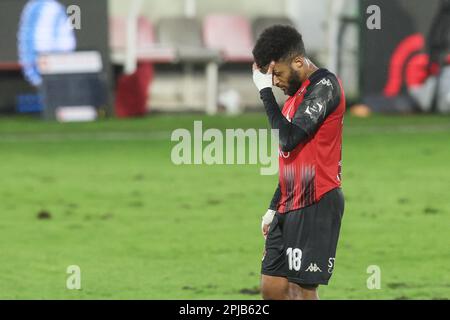 Seraing, Belgien. 01. April 2023. Paul Morgan Poaty von Seraing wirkt deprimiert nach einem Fußballspiel zwischen RFC Seraing und KAA Gent, Samstag, den 01. April 2023 in Seraing, am 31. Tag der ersten Liga der „Jupiler Pro League“ 2022-2023 der belgischen Meisterschaft. BELGA FOTO BRUNO FAHY Kredit: Belga News Agency/Alamy Live News Stockfoto