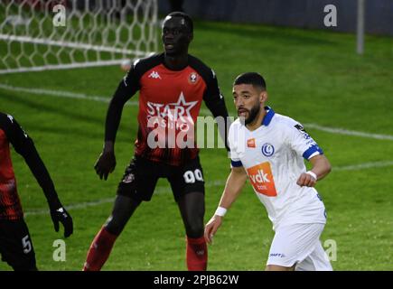 Seraing, Belgien. 01. April 2023. Gents Tarik Tissoudali reagiert während eines Fußballspiels zwischen RFC Seraing und KAA Gent am Samstag, den 01. April 2023 in Seraing, am 31. Tag der ersten Division der belgischen Meisterschaft „Jupiler Pro League“ von 2022-2023. BELGA FOTO JOHN THYS Kredit: Belga News Agency/Alamy Live News Stockfoto
