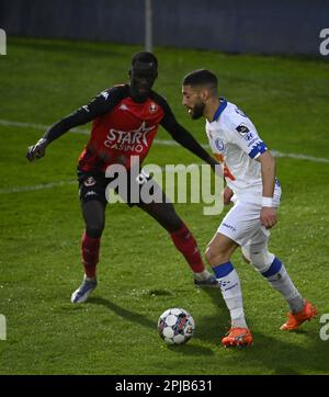 Seraing, Belgien. 01. April 2023. Gents Tarik Tissoudali kontrolliert den Ball während eines Fußballspiels zwischen RFC Seraing und KAA Gent, Samstag, den 01. April 2023 in Seraing, am 31. Tag der ersten Division der belgischen Meisterschaft „Jupiler Pro League“ von 2022-2023. BELGA FOTO JOHN THYS Kredit: Belga News Agency/Alamy Live News Stockfoto