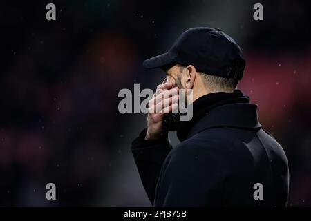 Nijmegen, Niederlande. 01. April 2023. NIJMEGEN, NIEDERLANDE - APRIL 1: Headcoach Ruud van Nistelrooy von PSV während des niederländischen Eredivisie-Spiels zwischen NEC Nijmegen und PSV im Stadion de Goffert am 1. April 2023 in Nijmegen, Niederlande (Foto von Broer van den Boom/Orange Pictures). Credit: Orange Pics BV/Alamy Live News Stockfoto