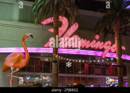 Ein Foto des Flamingo Las Vegas Hotel and Casino-Schilds. Stockfoto