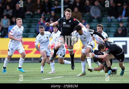 Der Rio Dyer (Zentrum) der Dragons wird während der EPCR Challenge Cup-Runde des 16-Spiels im Scotstoun Stadium in Glasgow angegriffen. Foto: Samstag, 1. April 2023. Stockfoto